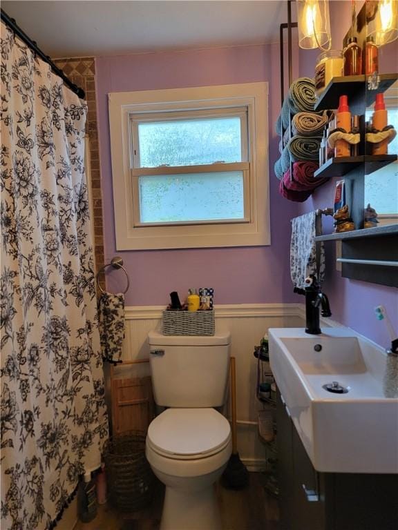 301 Main St, E Mahoning/Marion Ctr, PA 15759 - full bathroom with a wainscoted wall, toilet, vanity, and a shower with shower curtain