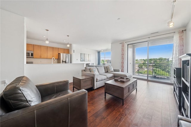 5570 Centre Ave Unit 403, Shadyside, PA 15232 - living area featuring dark wood-style floors and track lighting