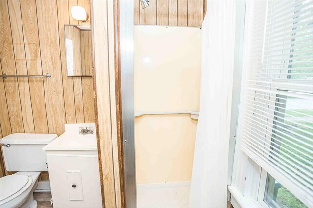 969 Water St, Indiana Boro, PA 15701 - bathroom featuring wooden walls, toilet, a shower with shower curtain, and vanity