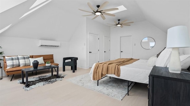 130 Prospect St, Mt Washington, PA 15211 - bedroom featuring a skylight, a wall unit AC, vaulted ceiling, wood finished floors, and a ceiling fan