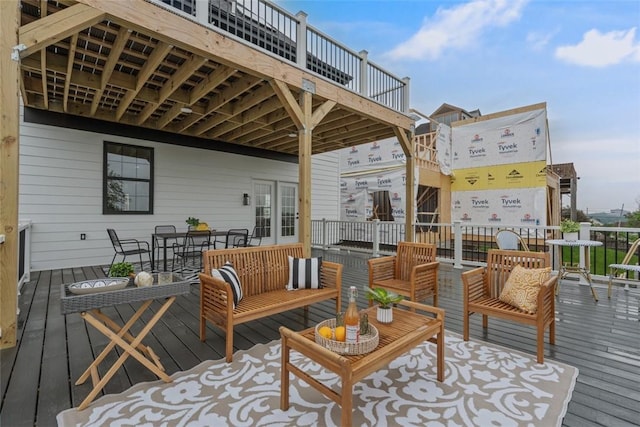 130 Prospect St, Mt Washington, PA 15211 - wooden terrace with outdoor dining space, outdoor lounge area, and french doors