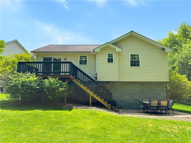 202 Jefferson Ct, Slippery Rock Boro, PA 16057 - rear view of property featuring stairway, a yard, a wooden deck, and a patio area