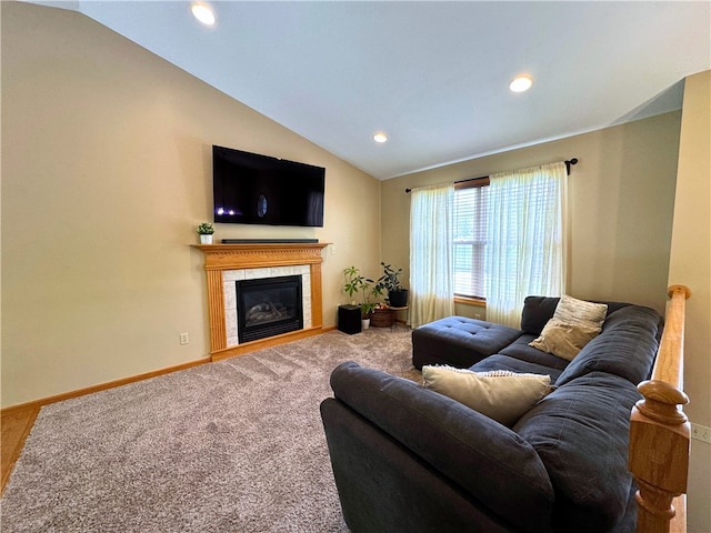 202 Jefferson Ct, Slippery Rock Boro, PA 16057 - living room with lofted ceiling, recessed lighting, a tile fireplace, and baseboards