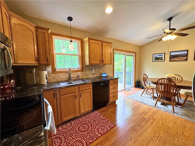 202 Jefferson Ct, Slippery Rock Boro, PA 16057 - kitchen with black dishwasher, electric stove, a sink, light wood-type flooring, and backsplash