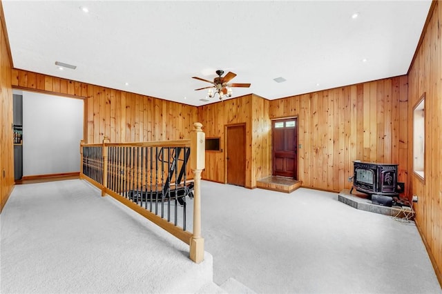 431 Mount Morris Rd, Kirby/Mtmorris, PA 15349 - interior space with wooden walls, carpet floors, an upstairs landing, and recessed lighting
