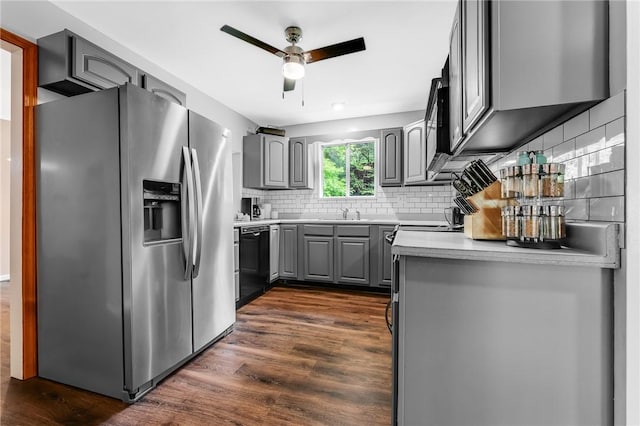 431 Mount Morris Rd, Kirby/Mtmorris, PA 15349 - kitchen featuring stainless steel refrigerator with ice dispenser, gray cabinetry, dishwasher, and dark wood finished floors