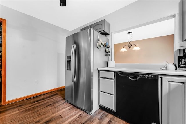 431 Mount Morris Rd, Kirby/Mtmorris, PA 15349 - kitchen featuring dishwasher, stainless steel refrigerator with ice dispenser, dark wood finished floors, light countertops, and a chandelier