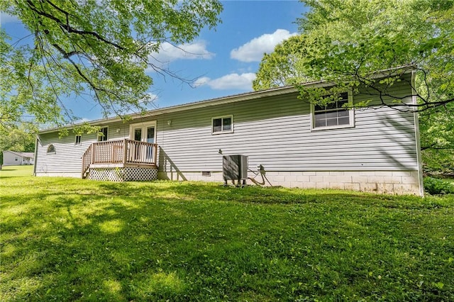 431 Mount Morris Rd, Kirby/Mtmorris, PA 15349 - rear view of house featuring a lawn, crawl space, french doors, a wooden deck, and central AC unit