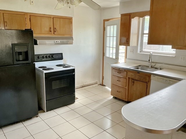 13 Schoen St, Mckees Rocks, PA 15136 - kitchen featuring electric stove, black fridge with ice dispenser, exhaust hood, a sink, and white dishwasher
