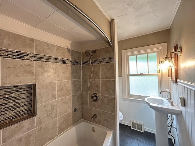 508 Woodside Rd, Forest Hills Boro, PA 15221 - full bath featuring ornamental molding, shower / washtub combination, toilet, tile patterned flooring, and a wainscoted wall