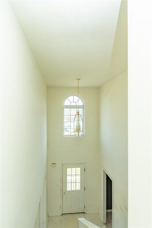 foyer featuring plenty of natural light, baseboards, and a high ceiling