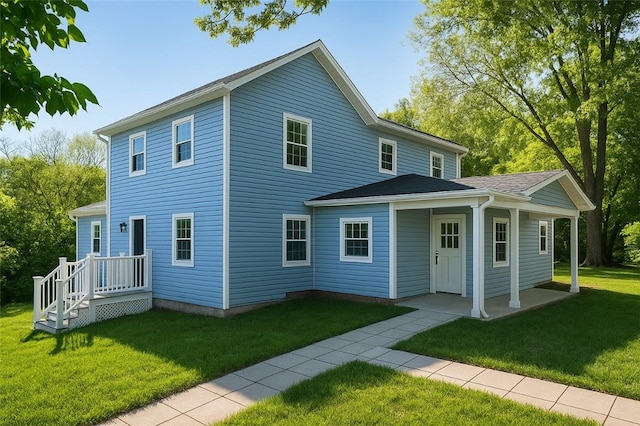 back of property featuring a yard and a patio
