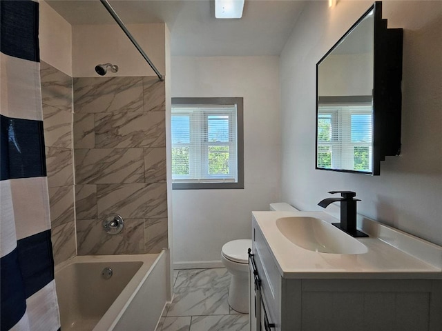 bathroom featuring marble finish flooring, vanity,  shower combination, and toilet