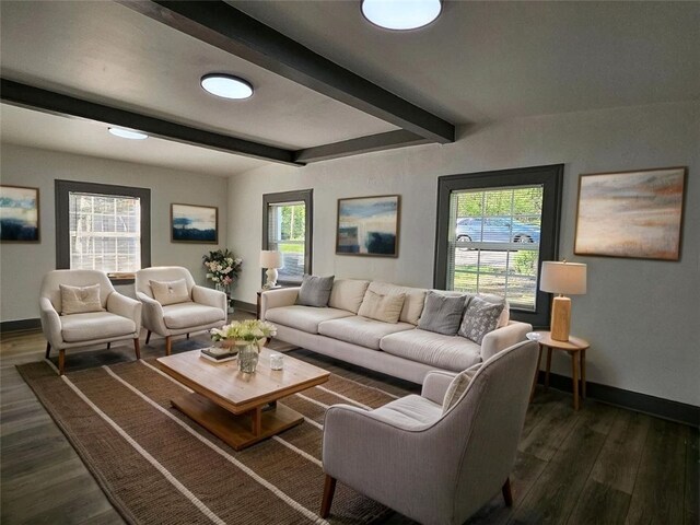 living area with baseboards, beam ceiling, dark wood-style flooring, and plenty of natural light