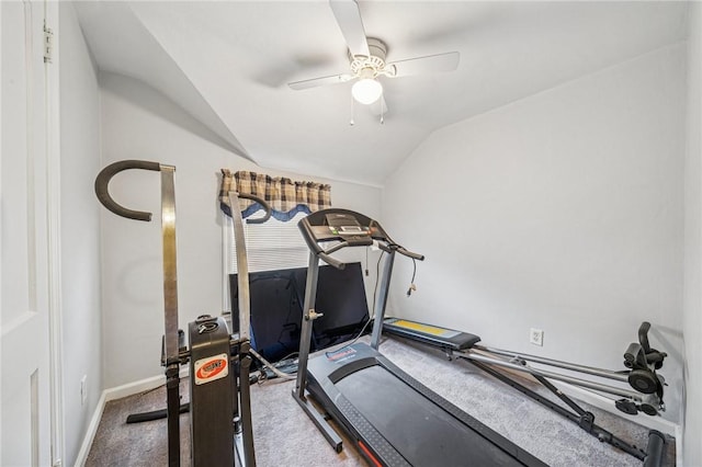 784 Ohio River Blvd, Sewickley, PA 15143 - workout room featuring vaulted ceiling, carpet flooring, a ceiling fan, and baseboards