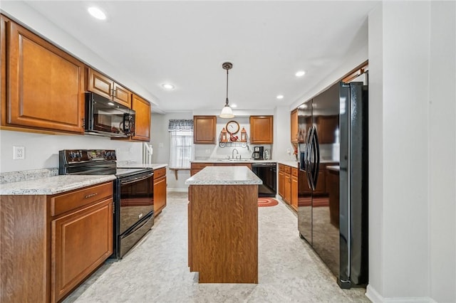 784 Ohio River Blvd, Sewickley, PA 15143 - kitchen featuring black appliances, a sink, a center island, brown cabinets, and recessed lighting