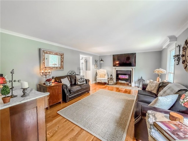 2388 Mill Grove Rd, Upper St Clair, PA 15241 - living area featuring light wood-type flooring, crown molding, and a fireplace with flush hearth