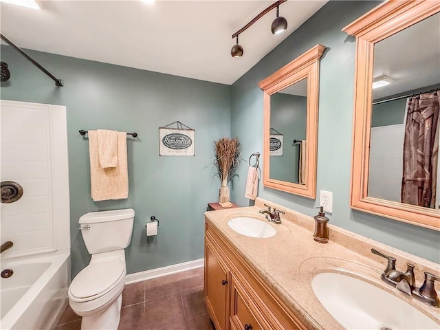 2388 Mill Grove Rd, Upper St Clair, PA 15241 - full bath with tile patterned flooring, toilet, double vanity, shower / bath combination with curtain, and baseboards