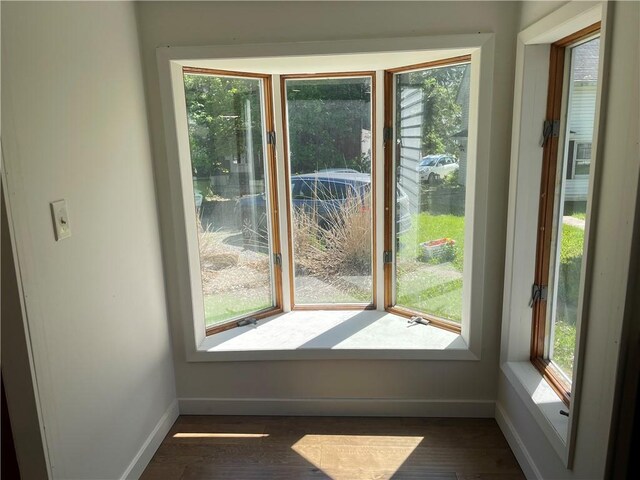 218 S Mercer, Linesville Boro, PA 16424 - doorway to outside with baseboards and dark wood-style flooring
