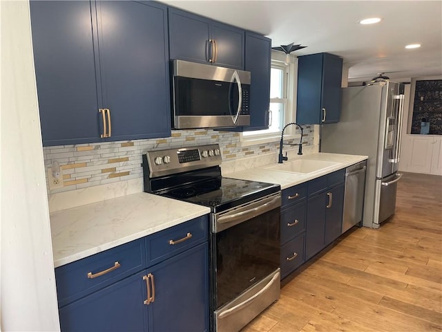 218 S Mercer, Linesville Boro, PA 16424 - kitchen with stainless steel appliances, blue cabinets, decorative backsplash, and recessed lighting