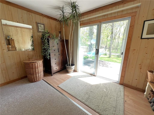 643 Laurel Summit Rd, Jenner Twp, PA 15531 - doorway to outside featuring wooden walls, light wood-type flooring, and baseboards