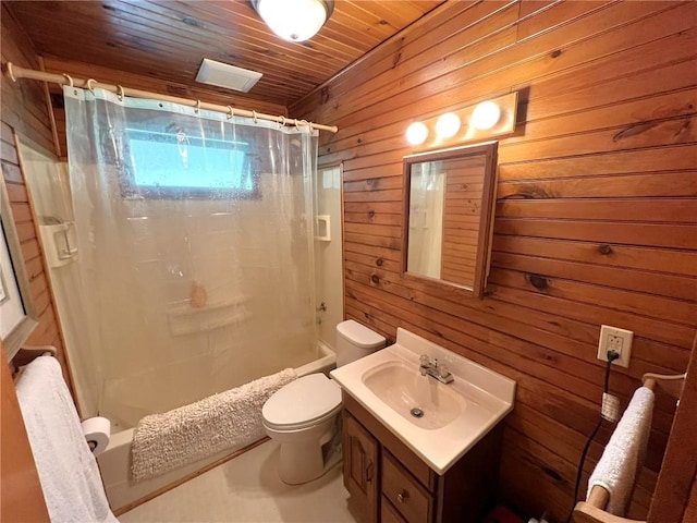643 Laurel Summit Rd, Jenner Twp, PA 15531 - bathroom featuring wooden walls, toilet, vanity, shower / bath combo with shower curtain, and wood ceiling