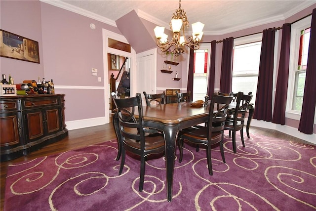dining area with a chandelier, dark wood-style floors, ornamental molding, and baseboards