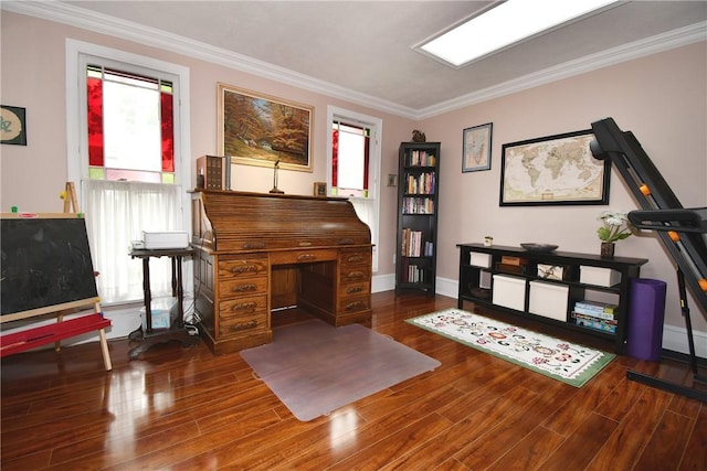 office with wood finished floors, ornamental molding, and baseboards