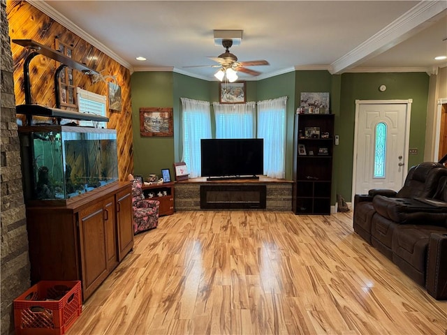 2650 Georgeville Rd, S Mahoning/Plumville, PA 15759 - living area featuring a ceiling fan, light wood-type flooring, and ornamental molding