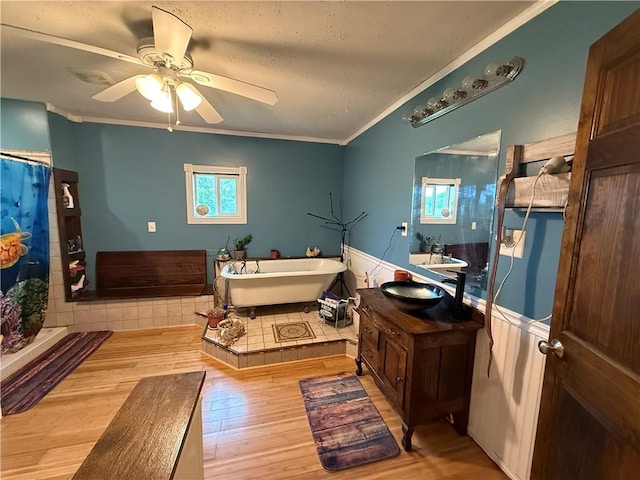 2650 Georgeville Rd, S Mahoning/Plumville, PA 15759 - bathroom featuring healthy amount of natural light, wood finished floors, crown molding, a wainscoted wall, and a freestanding tub