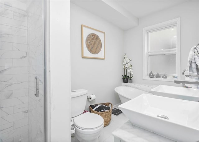 5408 Beacon St, Squirrel Hill, PA 15217 - bathroom featuring marble look tiles, a stall shower, toilet, and a sink