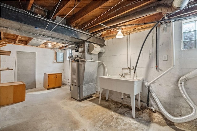 106 High St, Elizabeth Twp/Boro, PA 15037 - basement with electric panel, heating unit, and a sink