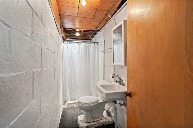 106 High St, Elizabeth Twp/Boro, PA 15037 - bathroom with toilet, concrete block wall, and a shower with curtain