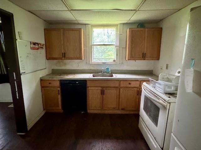 15 Allen Way, White Oak, PA 15131 - kitchen with white appliances, a sink, a paneled ceiling, light countertops, and dark wood finished floors
