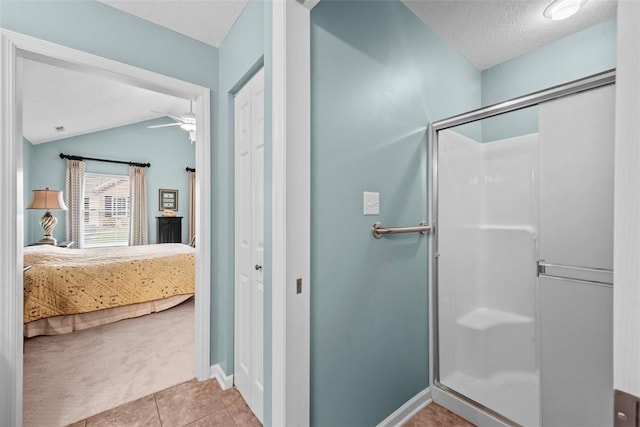 2053 Isleworth, Cranberry Twp, PA 16066 - ensuite bathroom with a stall shower, lofted ceiling, a textured ceiling, baseboards, and tile patterned flooring