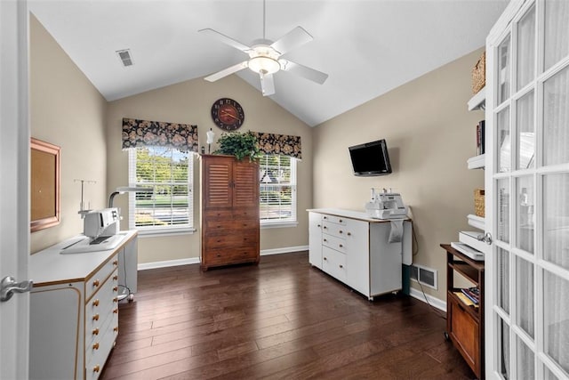 2053 Isleworth, Cranberry Twp, PA 16066 - home office featuring ceiling fan, baseboards, dark wood finished floors, and vaulted ceiling