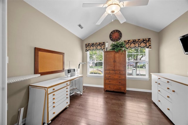2053 Isleworth, Cranberry Twp, PA 16066 - office area with ceiling fan, dark wood-type flooring, vaulted ceiling, and baseboards