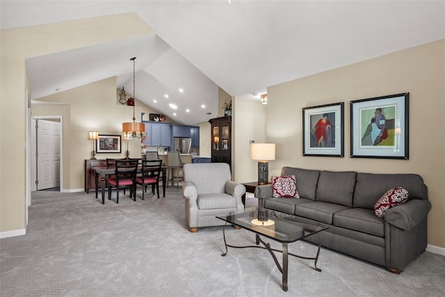 2053 Isleworth, Cranberry Twp, PA 16066 - living room with light carpet, vaulted ceiling, baseboards, recessed lighting, and a chandelier