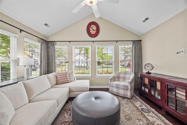 2053 Isleworth, Cranberry Twp, PA 16066 - living area with wood finished floors, ceiling fan, baseboards, and high vaulted ceiling