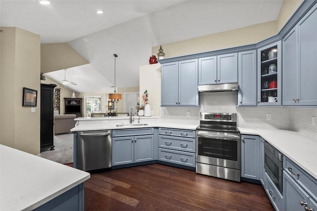 2053 Isleworth, Cranberry Twp, PA 16066 - kitchen with stainless steel appliances, a sink, under cabinet range hood, open floor plan, and dark wood finished floors