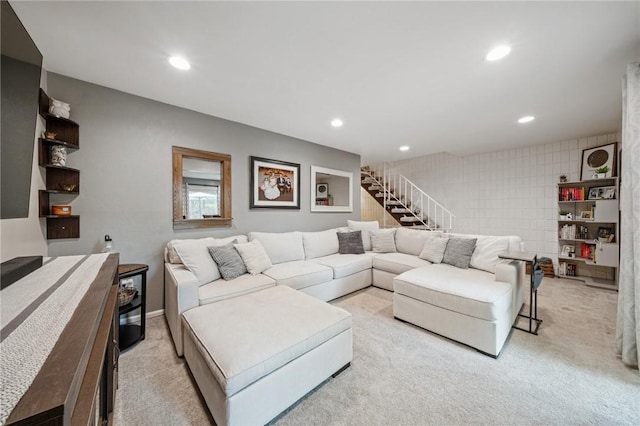 436 Allenberry Dr, Ross Twp, PA 15237 - carpeted living area with recessed lighting, tile walls, and stairs