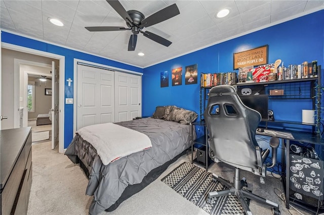 436 Allenberry Dr, Ross Twp, PA 15237 - carpeted bedroom featuring a closet, crown molding, recessed lighting, and a ceiling fan
