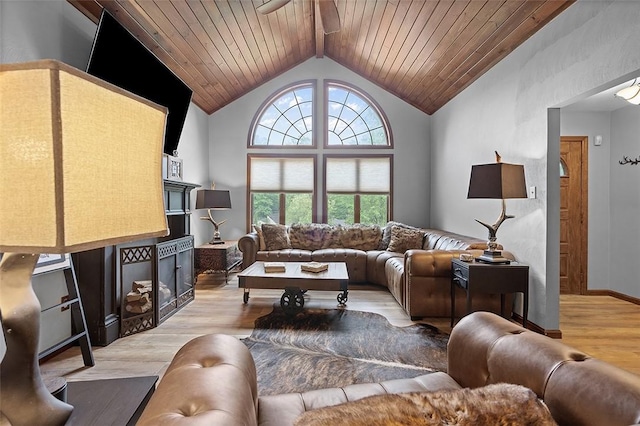 living room featuring light wood-style floors, vaulted ceiling, and wood ceiling