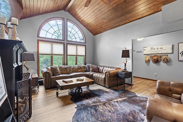 living area featuring wood ceiling, light wood-style floors, and lofted ceiling