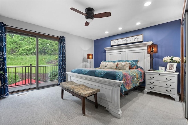 bedroom featuring access to outside, carpet, recessed lighting, and ceiling fan