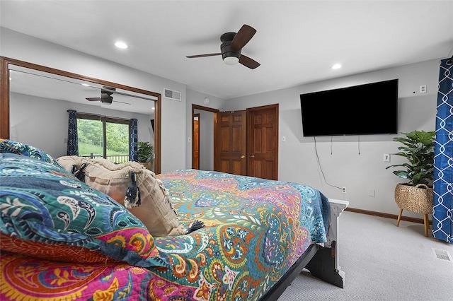 carpeted bedroom featuring access to outside, baseboards, recessed lighting, and ceiling fan