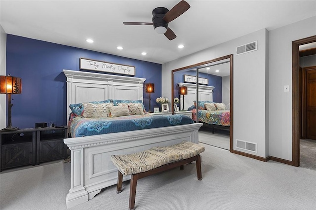 bedroom with recessed lighting, carpet floors, ceiling fan, and baseboards