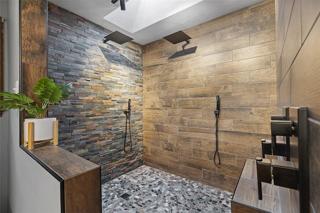 office space with a skylight and wooden walls
