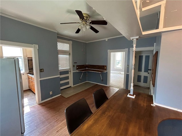 411 Cherry St, City Of But Ne, PA 16001 - unfurnished living room featuring wood finished floors, a ceiling fan, and crown molding