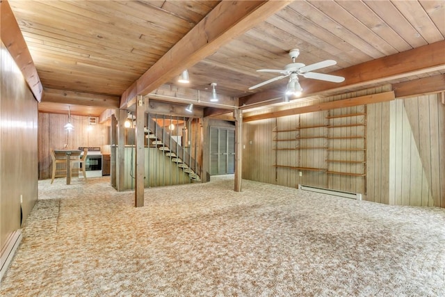 1445 E Cruikshank Rd, Valencia Boro, PA 16059 - below grade area featuring carpet flooring, wooden walls, wooden ceiling, a baseboard radiator, and a ceiling fan